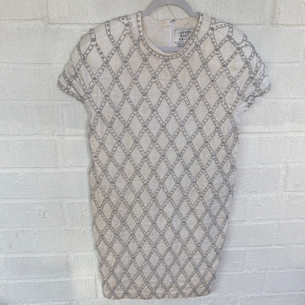 Vintage Carmen Marc Valvo Beaded Silver White Knee Length Dress sz 6